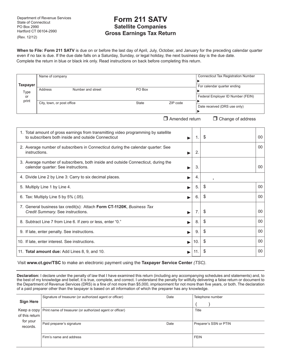 Form 211 SATV Satellite Companies Gross Earnings Tax Return - Connecticut, Page 1