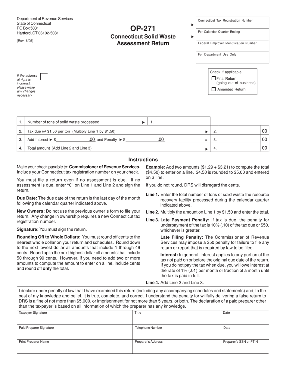 Form OP-271 Connecticut Solid Waste Assessment Return - Connecticut, Page 1