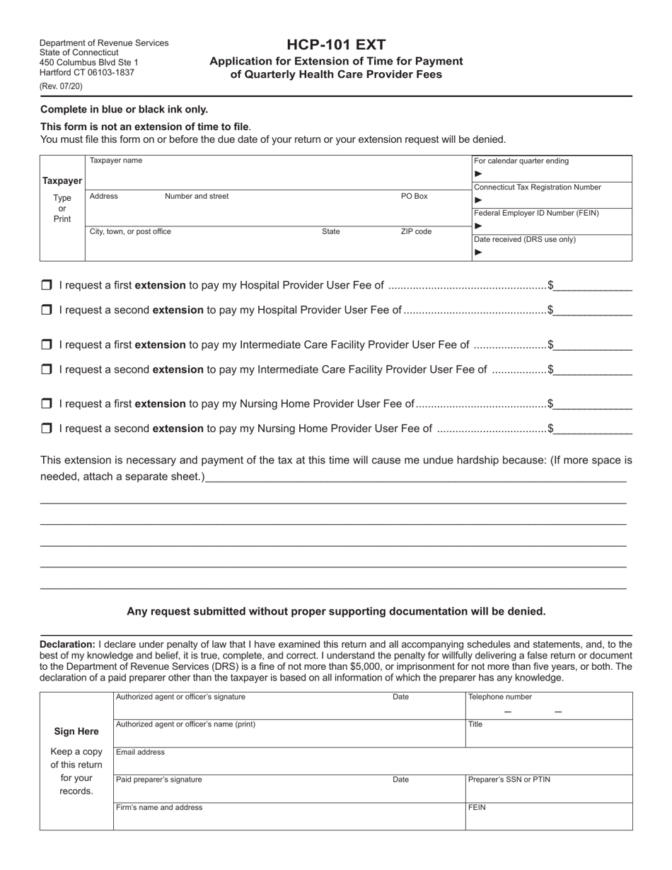 Form HCP-101 EXT Application for Extension of Time for Payment of Quarterly Health Care Provider Fees - Connecticut, Page 1