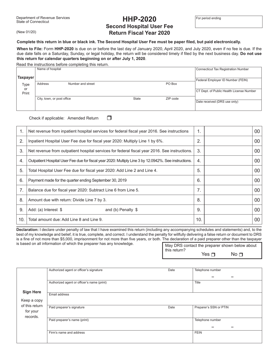 Form HHP-2020 Second Hospital User Fee Return - Connecticut, Page 1