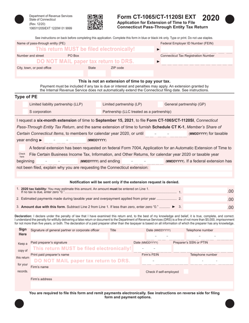 Form CT-1065/CT-1120SI EXT Application for Extension of Time to File Connecticut Pass-Through Entity Tax Return - Connecticut, 2020