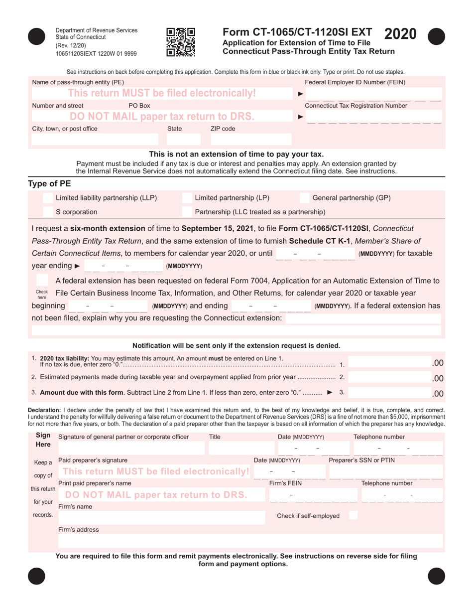 Form CT-1065 / CT-1120SI EXT Application for Extension of Time to File Connecticut Pass-Through Entity Tax Return - Connecticut, Page 1