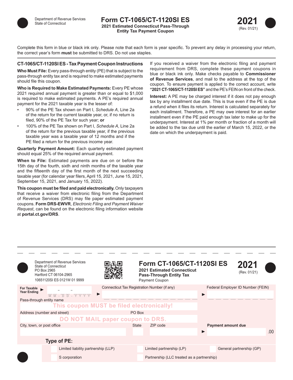 Form CT-1065 / CT-1120SI ES Estimated Connecticut Pass-Through Entity Tax Payment Coupon - Connecticut, Page 1