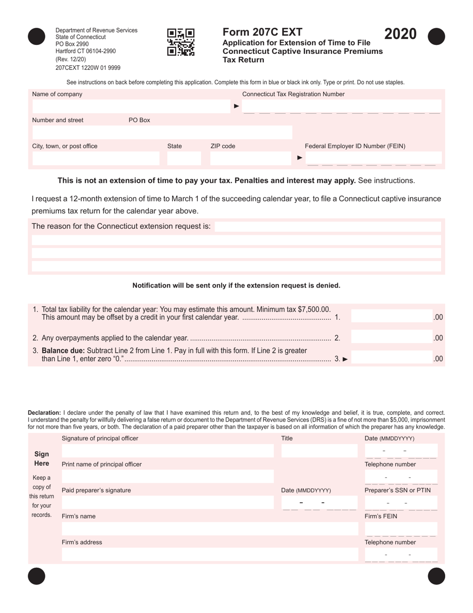 Form 207C EXT Application for Extension of Time to File Connecticut Captive Insurance Premiums Tax Return - Connecticut, Page 1