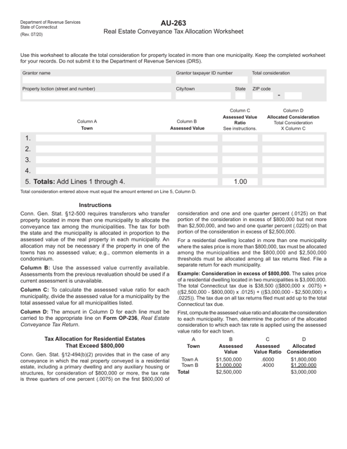 Form AU-263 Real Estate Conveyance Tax Allocation Worksheet - Connecticut