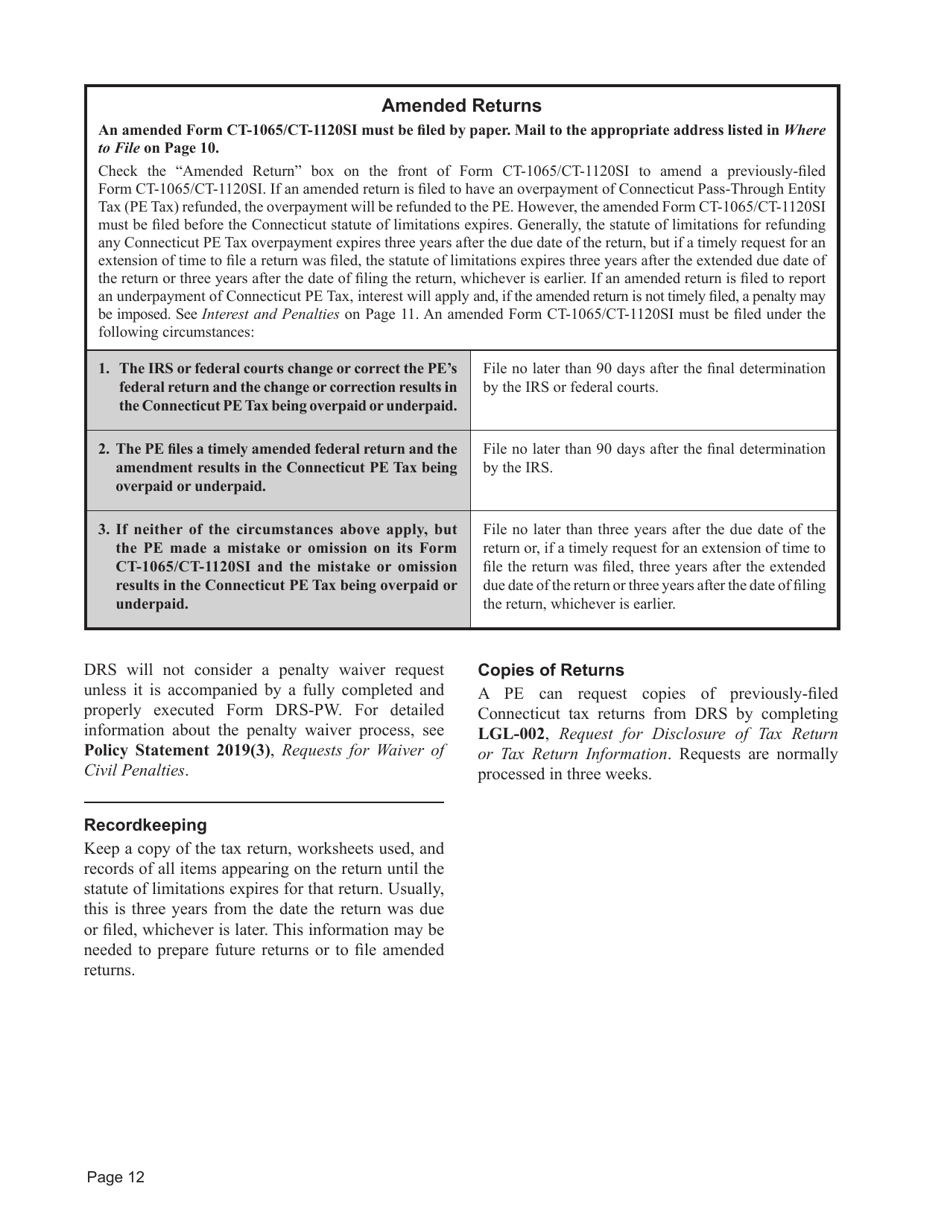 Instructions for Form CT-1065 / CT-1120SI Connecticut Pass-Through Entity Tax Return - Connecticut, Page 12