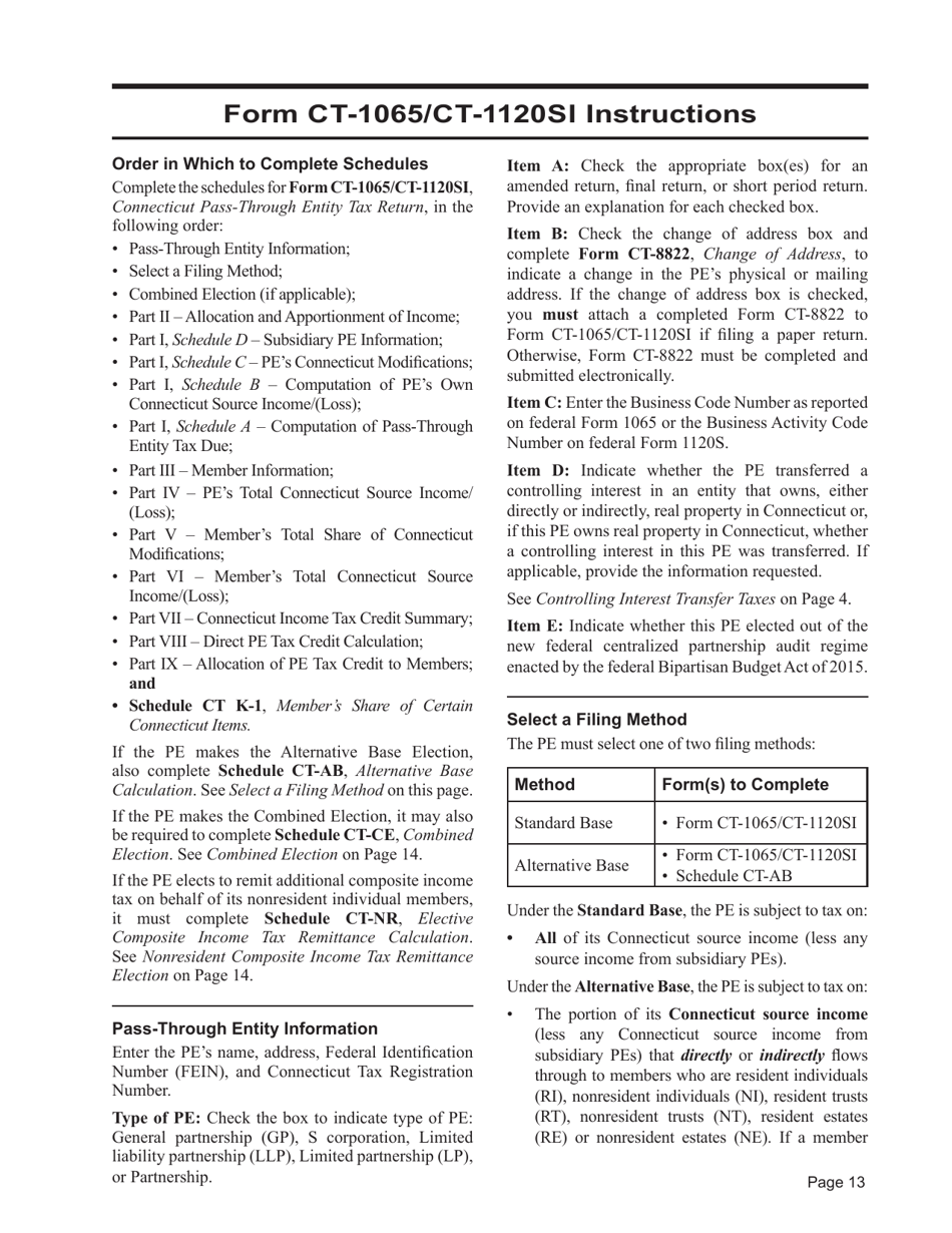 Instructions for Form CT-1065 / CT-1120SI Connecticut Pass-Through Entity Tax Return - Connecticut, Page 13