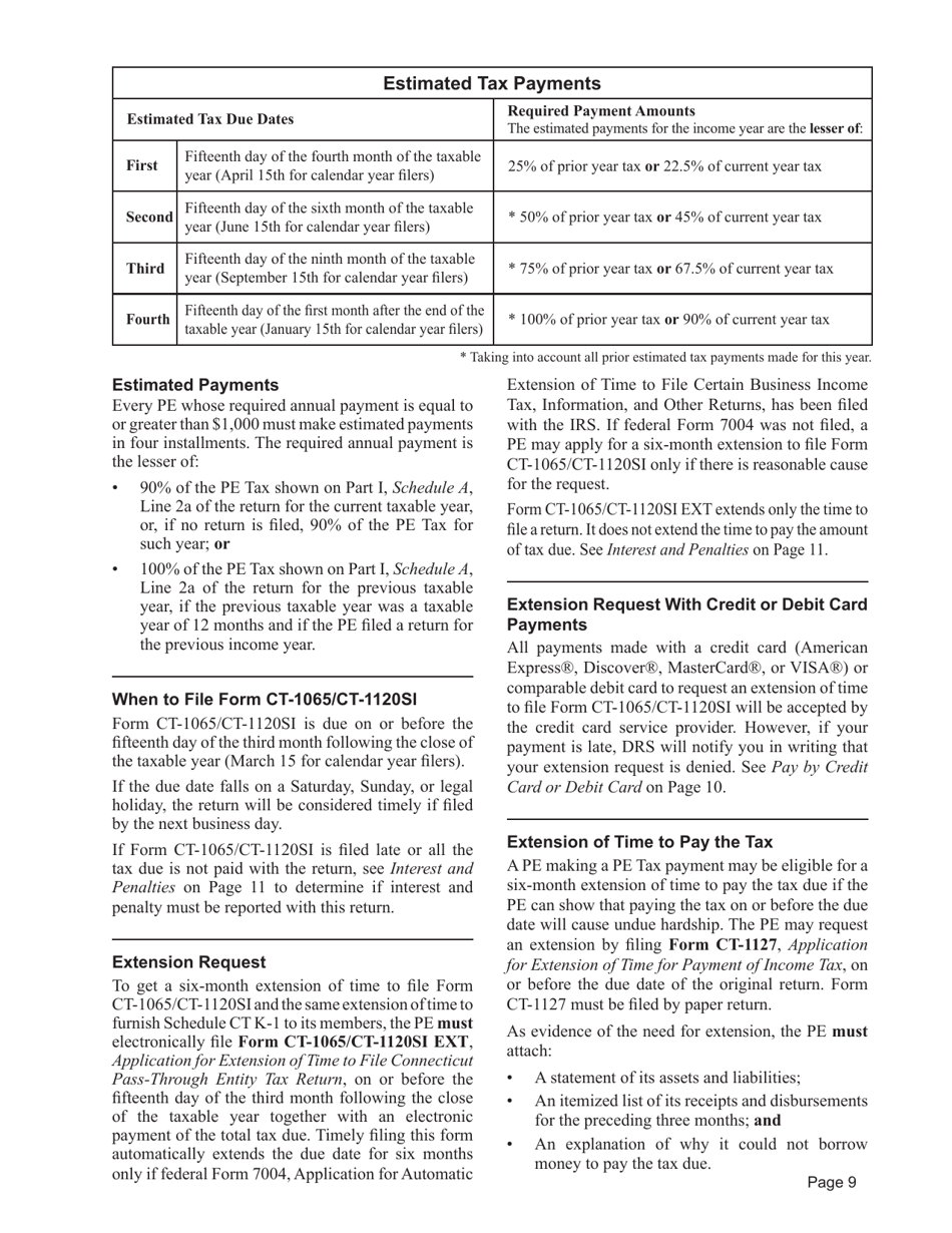 Instructions for Form CT-1065 / CT-1120SI Connecticut Pass-Through Entity Tax Return - Connecticut, Page 9