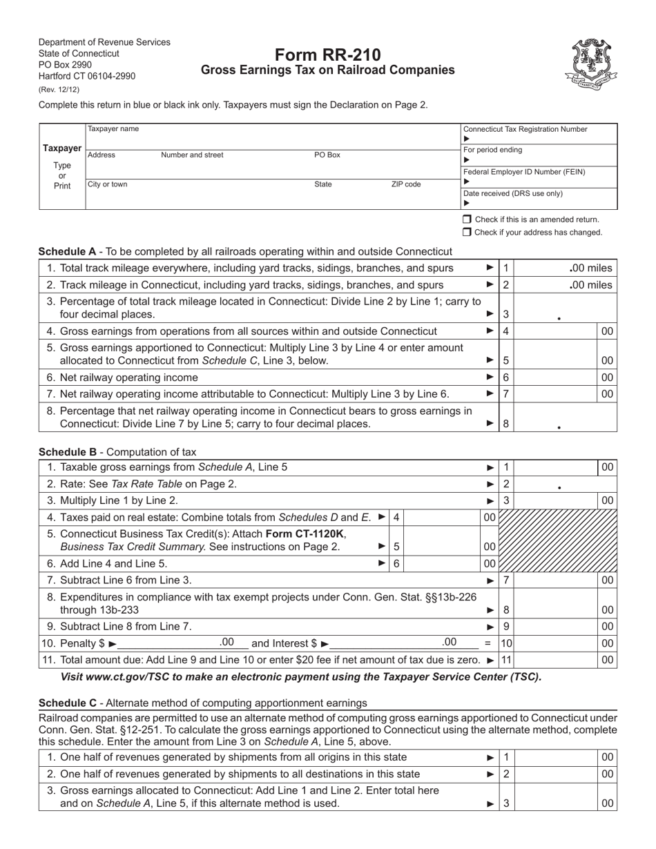 Form RR-210 Gross Earnings Tax on Railroad Companies - Connecticut, Page 1