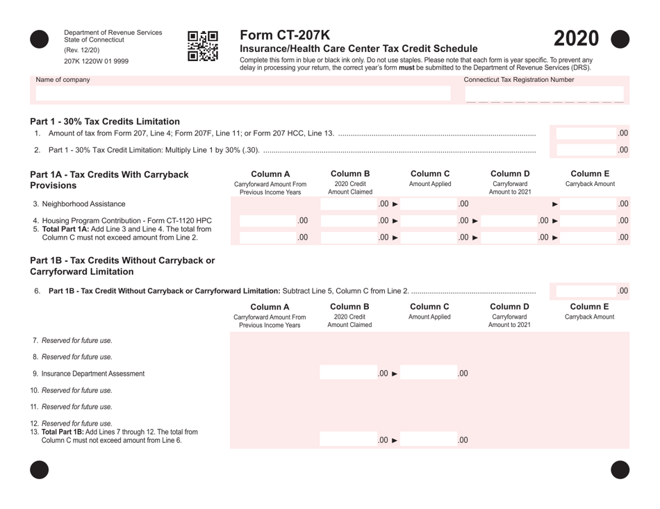 Form CT-207K Insurance / Health Care Center Tax Credit Schedule - Connecticut, Page 1
