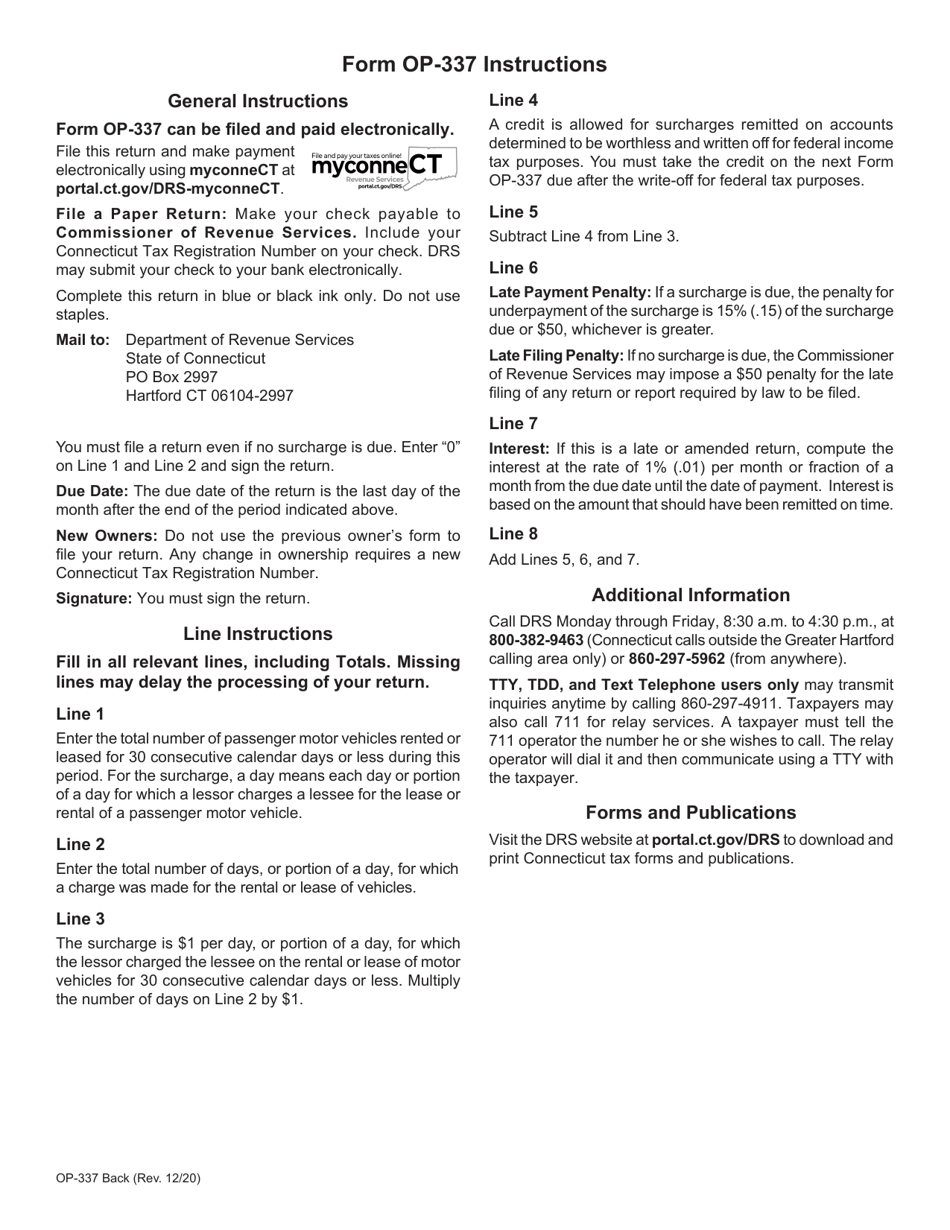 Form OP-337 Tourism Surcharge Return on the Rental / Leasing of Passenger Motor Vehicles - Connecticut, Page 2