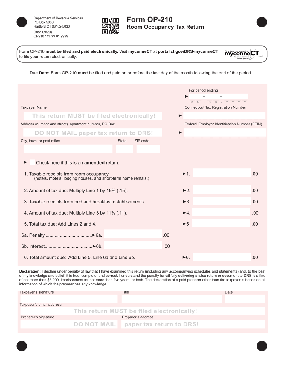 Form OP-210 Room Occupancy Tax Return - Connecticut, Page 1