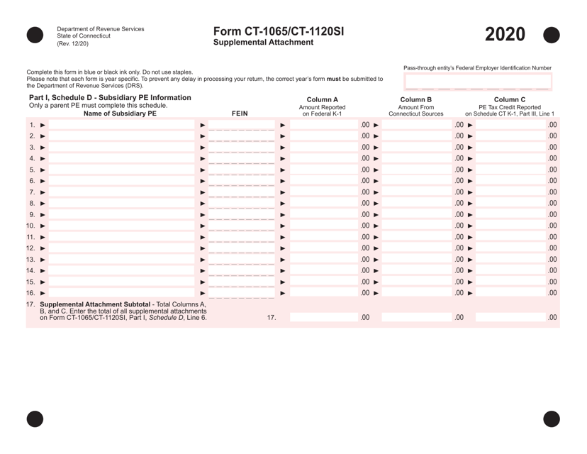 Form CT-1065/CT-1120SI Connecticut Pass-Through Entity Tax Return - Supplemental Attachment - Connecticut, 2020