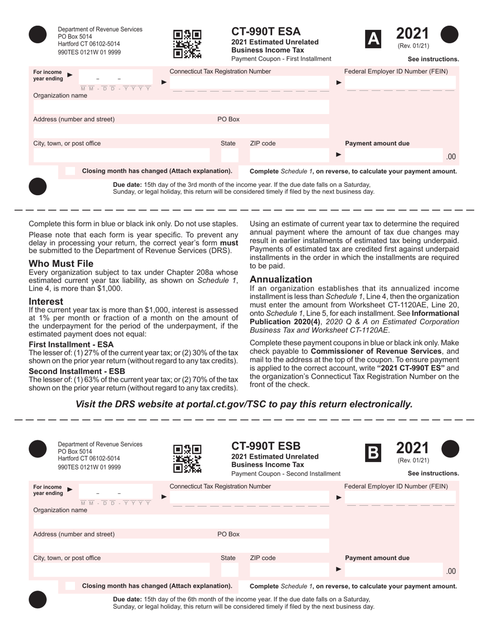 Form CT-990 ES Estimated Unrelated Business Income Tax - Connecticut, Page 1