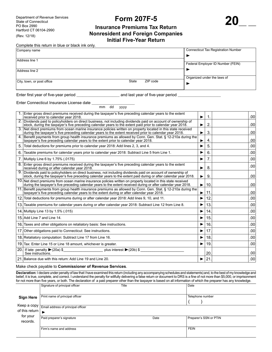 Form 207F-5 Insurance Premiums Tax Return Nonresident and Foreign Companies Initial Five-Year Return - Connecticut, Page 1