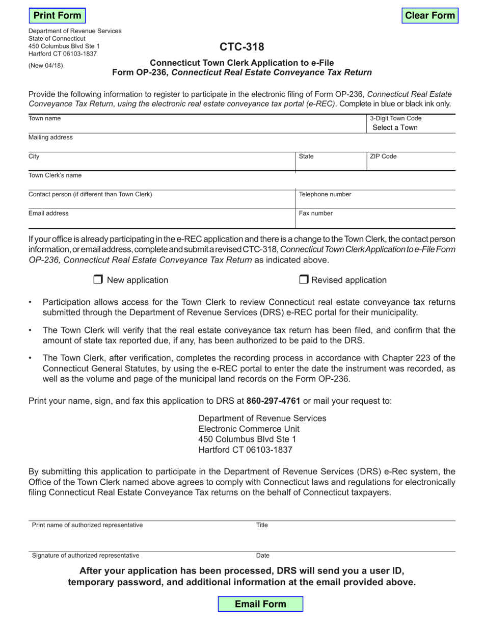 Form CTC-318 Connecticut Town Clerk Application to E-File Form Op-236, Connecticut Real Estate Conveyance Tax Return - Connecticut, Page 1