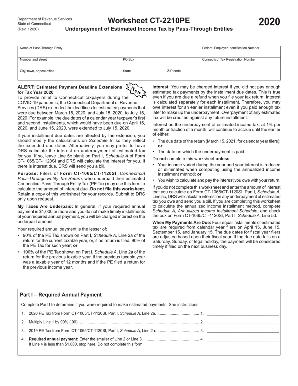Worksheet CT-2210PE Underpayment of Estimated Income Tax by Pass-Through Entities - Connecticut, Page 1