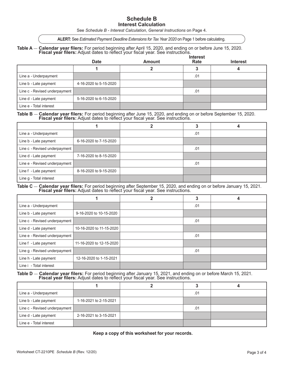 Worksheet CT-2210PE Underpayment of Estimated Income Tax by Pass-Through Entities - Connecticut, Page 3