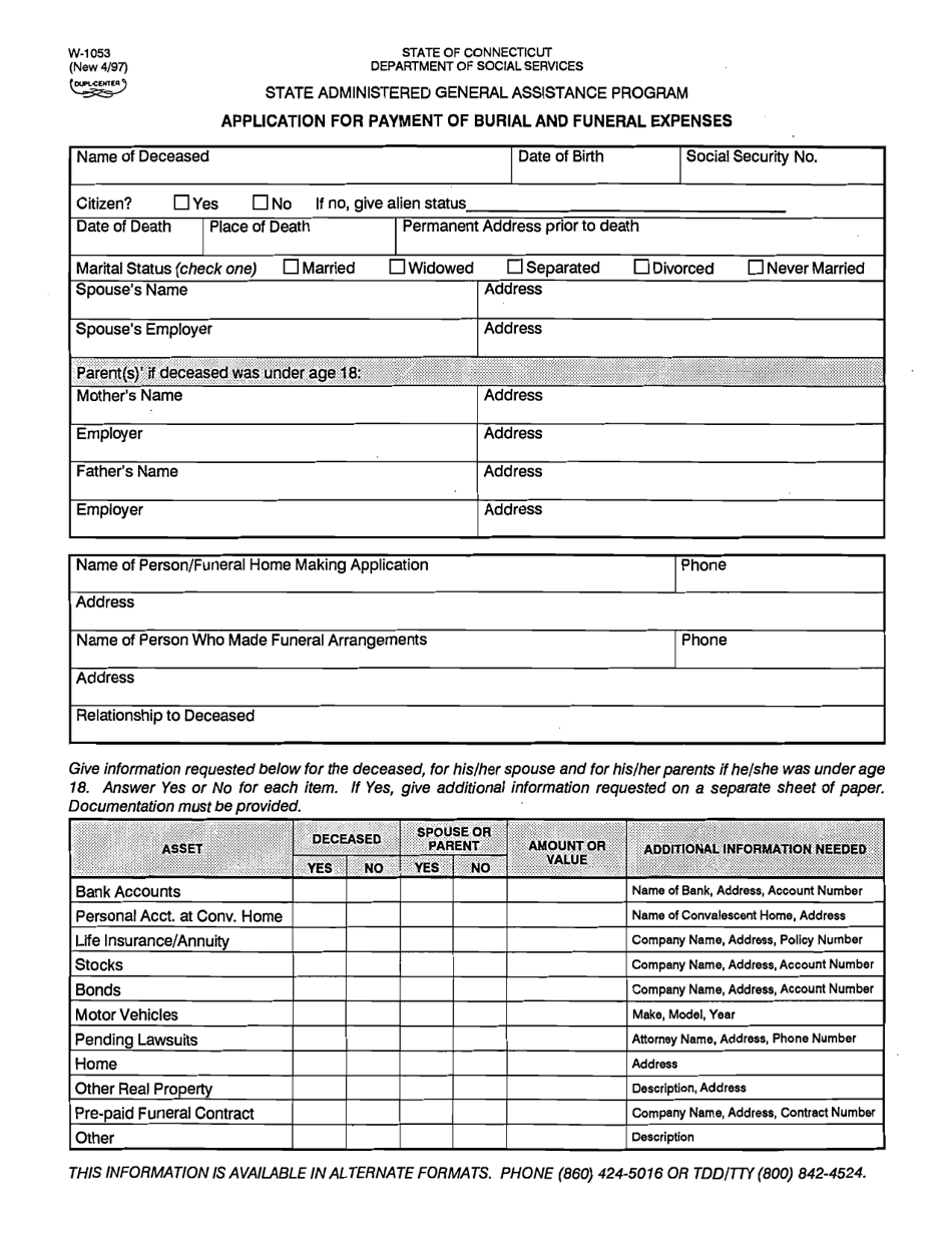 Form W-1053 Application for Payment of Funeral and Burial Expenses - Connecticut, Page 1