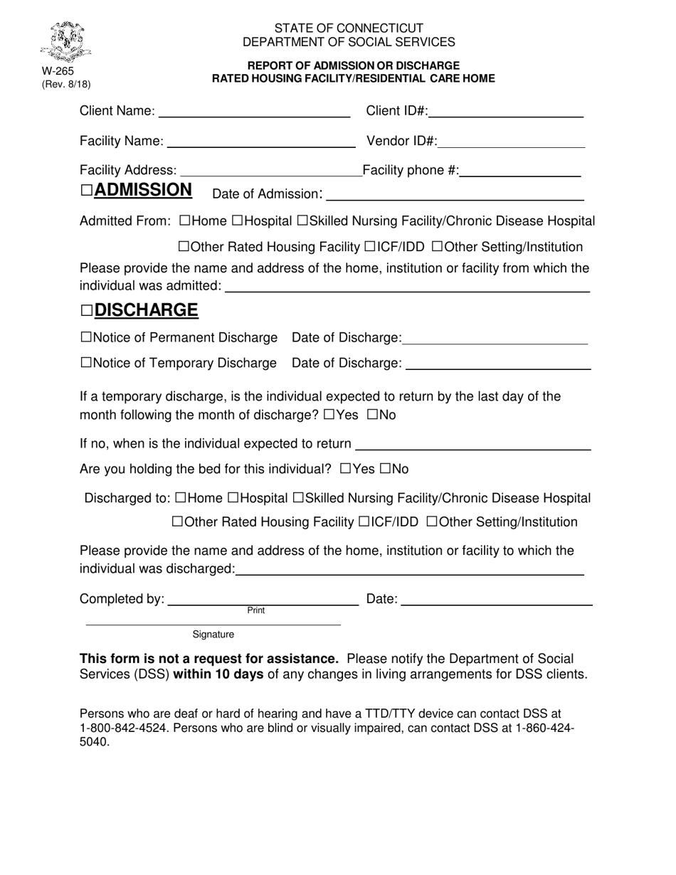 Form W-265 Report of Admission or Discharge Rated Housing Facility / Residential Care Home - Connecticut, Page 1