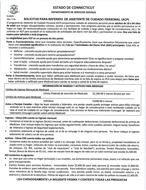Formulario W-982S Solicitud Para Referido De Asistente De Cuidado Personal (Acp) - Connecticut (Spanish)