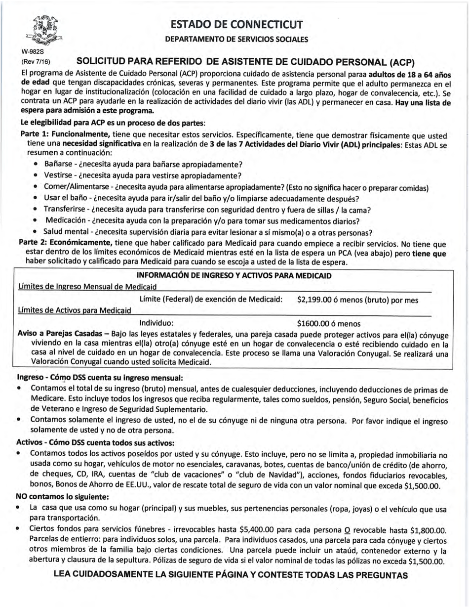 Formulario W-982S Solicitud Para Referido De Asistente De Cuidado Personal (Acp) - Connecticut (Spanish), Page 1