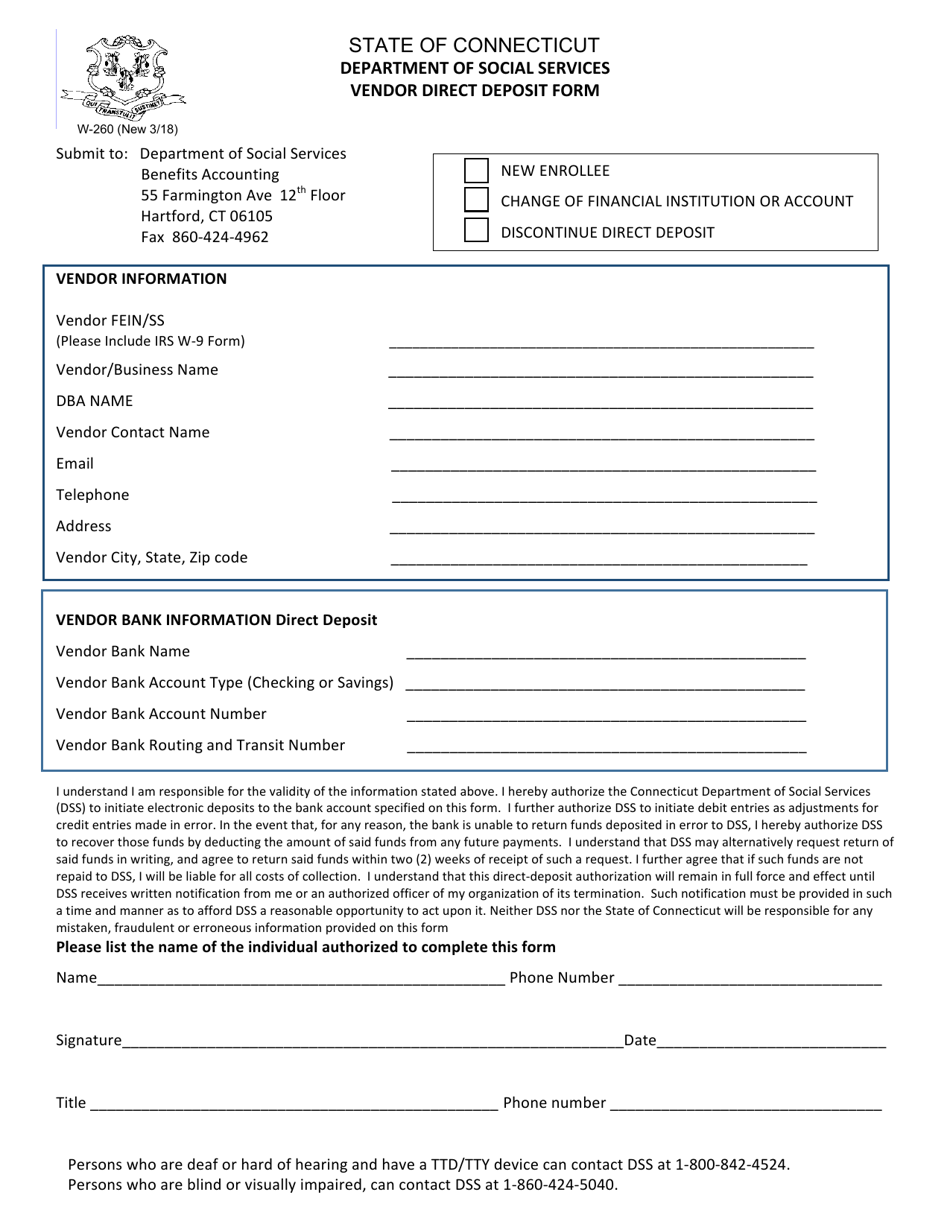 Form W-260 Vendor Direct Deposit Form - Connecticut, Page 1