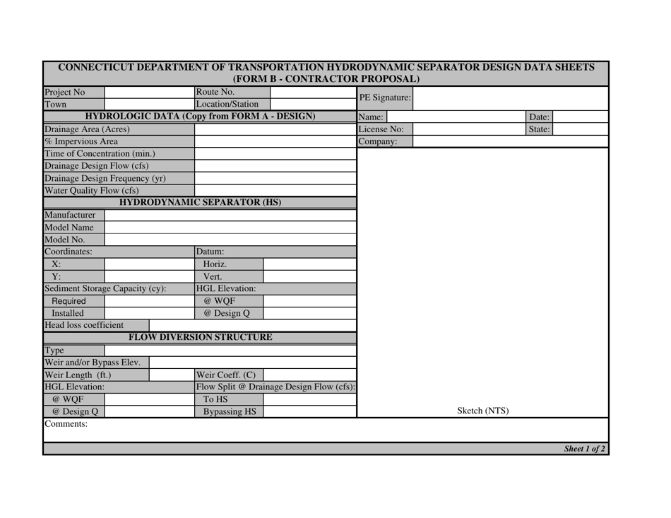 Form B Hydrodynamic Separator Design Data Sheets - Contractor Proposal - Connecticut, Page 1