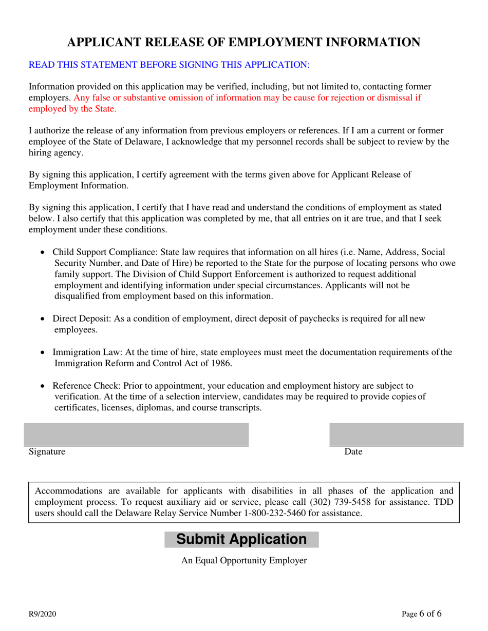 Employment Application for Toll Collector, Casual Seasonal Only - Delaware, Page 6