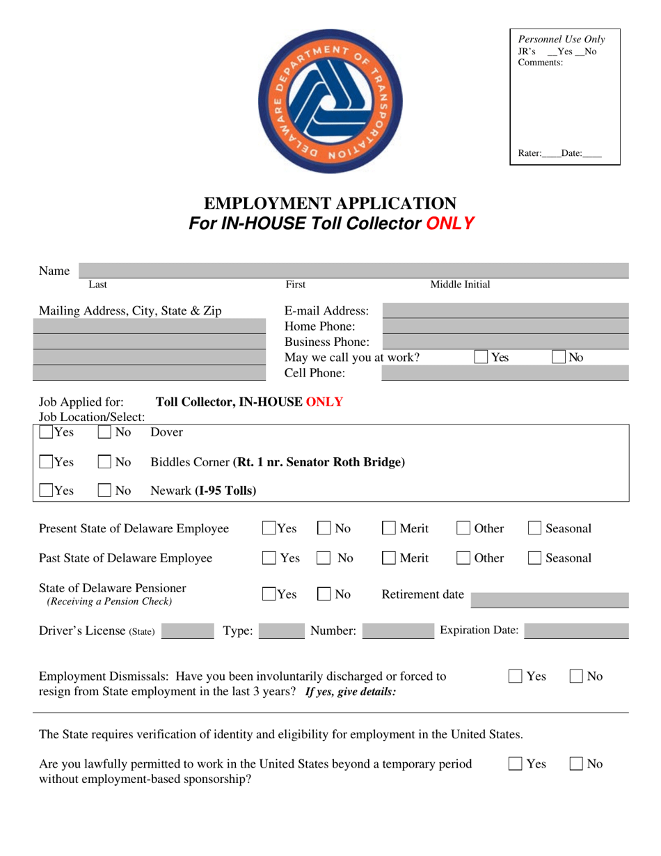 Delaware Employment Application for inHouse Toll Collector Only Fill Out, Sign Online and