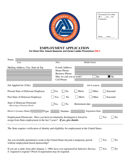 Employment Application for Direct Hire, Casual Seasonal, and Career Ladder Promotions Only - Delaware Download Pdf