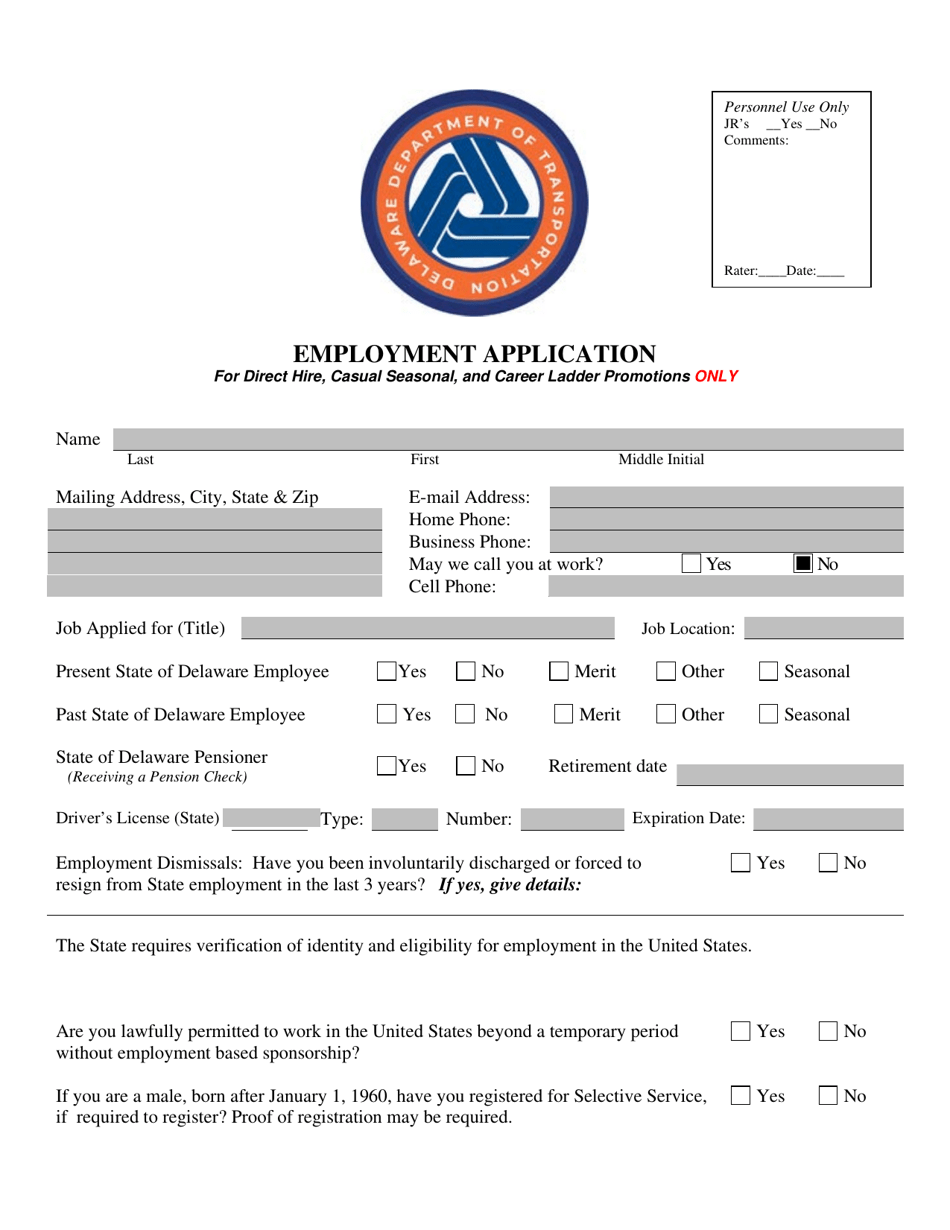 Employment Application for Direct Hire, Casual Seasonal, and Career Ladder Promotions Only - Delaware, Page 1