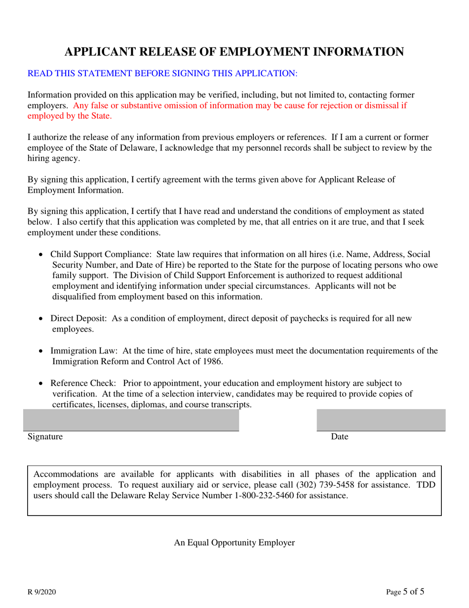 Employment Application for Direct Hire, Casual Seasonal, and Career Ladder Promotions Only - Delaware, Page 5