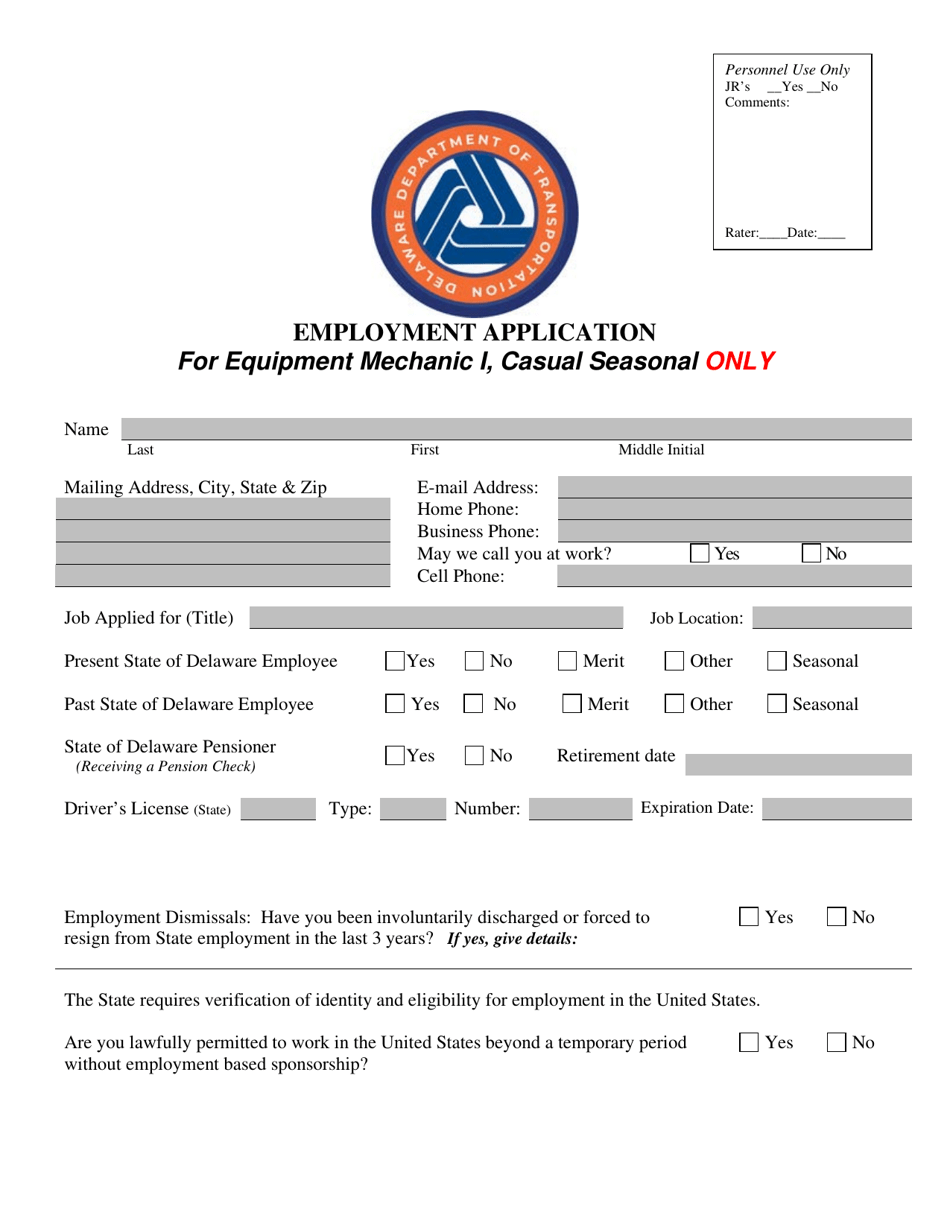 Delaware Employment Application for Equipment Mechanic I, Casual