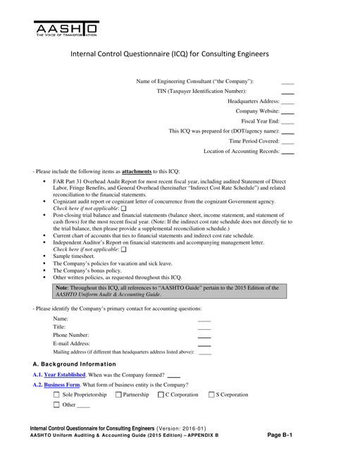Appendix B Internal Control Questionnaire (Icq) for Consulting Engineers - Delaware
