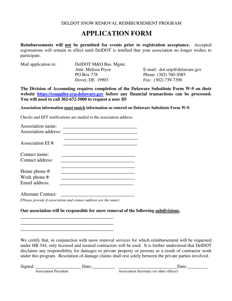 Snow Removal Reimbursement Program Application Form - Delaware, Page 1