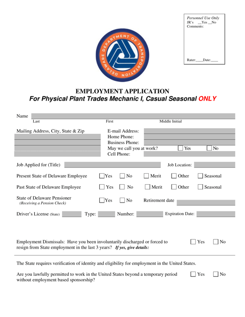 Employment Application for Physical Plant Trades Mechanic I, Casual Seasonal Only - Delaware Download Pdf