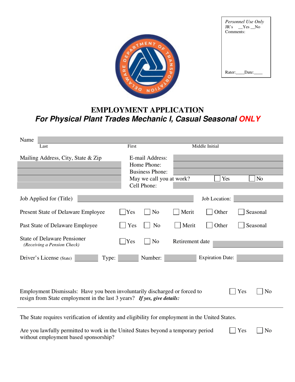 Employment Application for Physical Plant Trades Mechanic I, Casual Seasonal Only - Delaware, Page 1