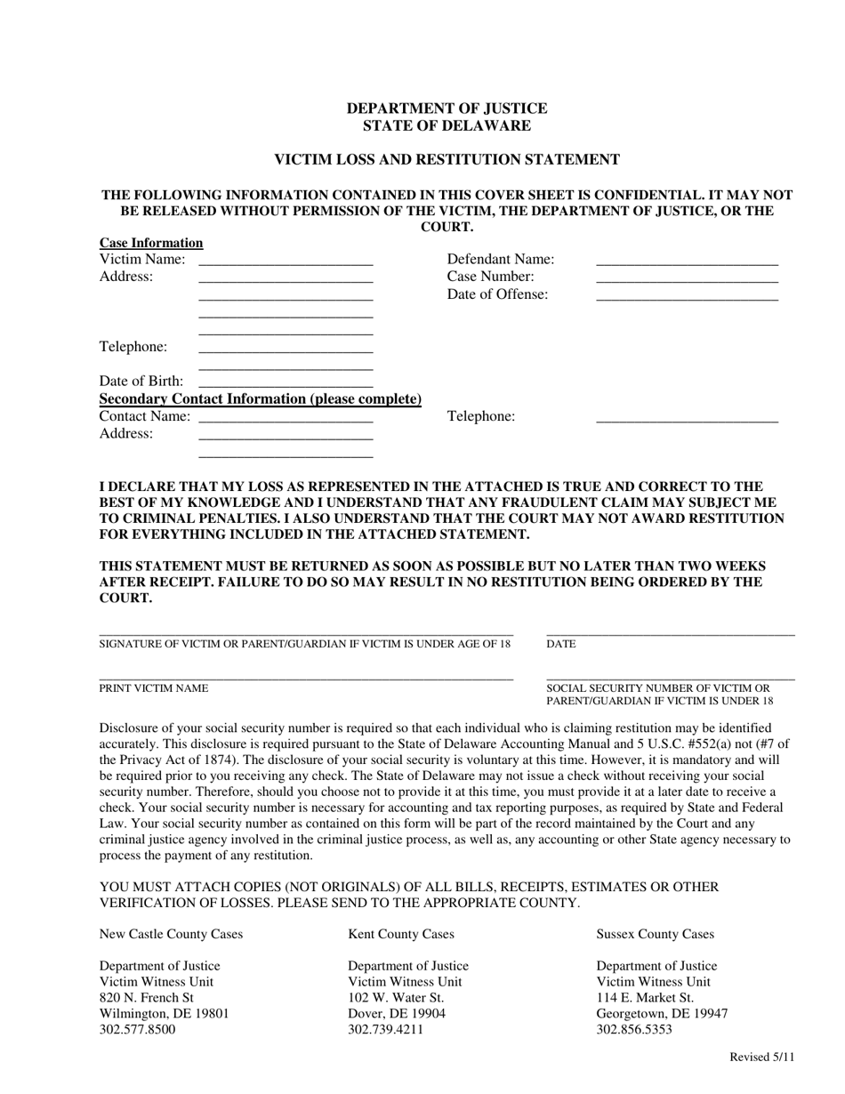 Victim Loss and Restitution Statement - Delaware, Page 1