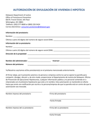 Document preview: Autorizacion De Divulgacion De Vivienda E Hipoteca - Delaware (Spanish)