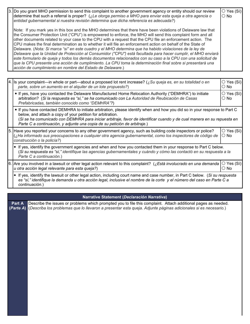 Manufactured Housing Complaint Statement - Delaware (English / Spanish), Page 2