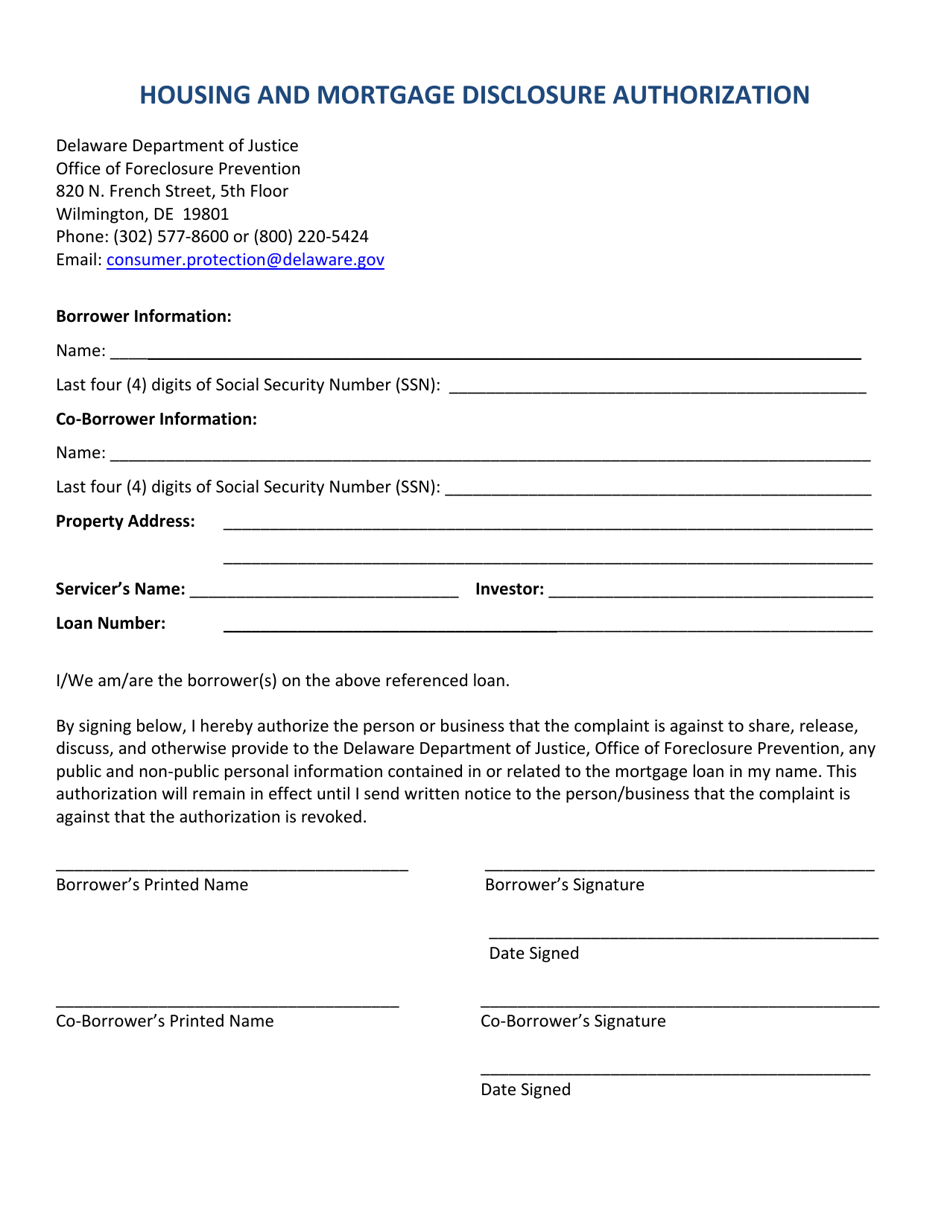 Delaware Housing and Mortgage Disclosure Authorization Fill Out, Sign