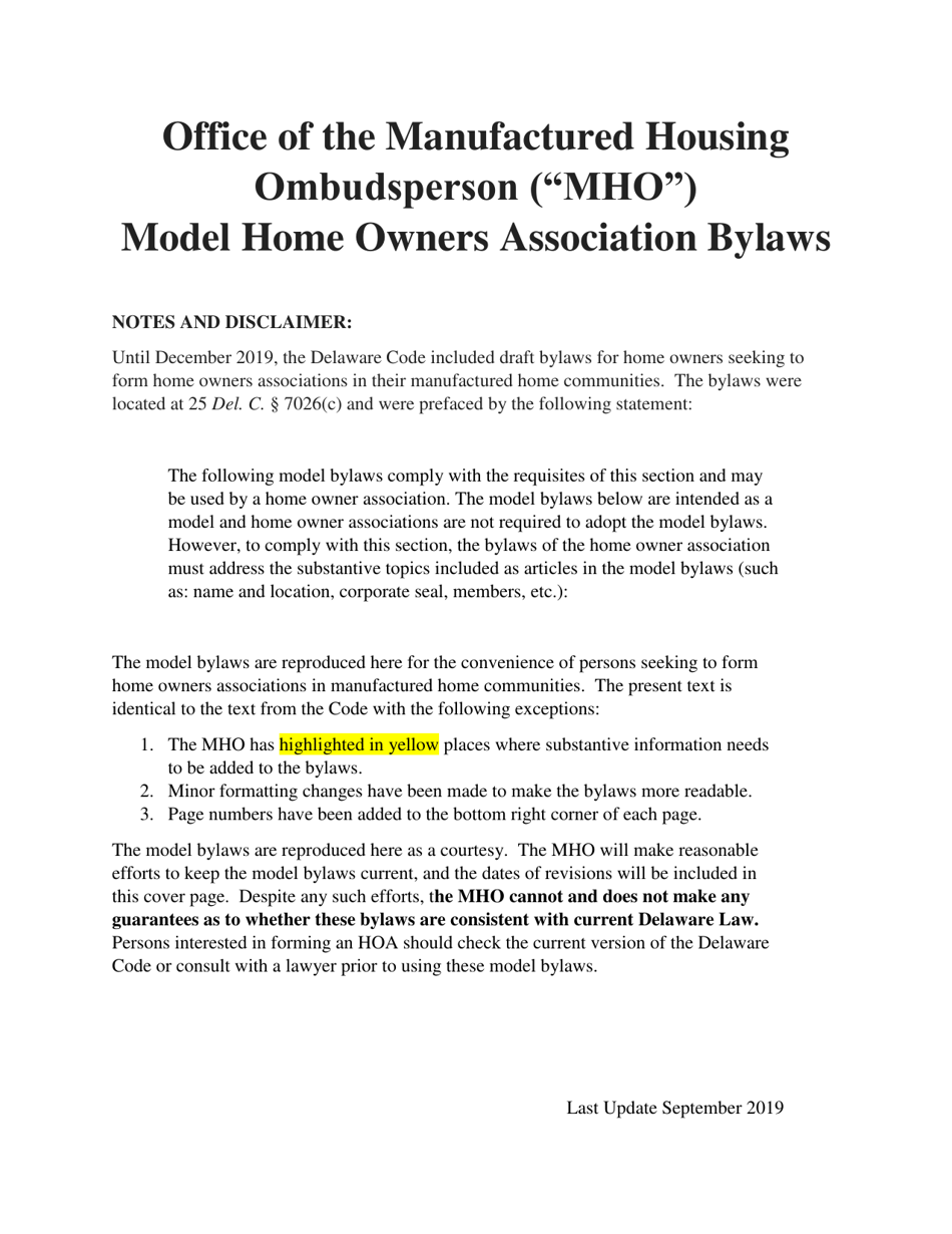 Model Home Owners Association Bylaws - Delaware, Page 1