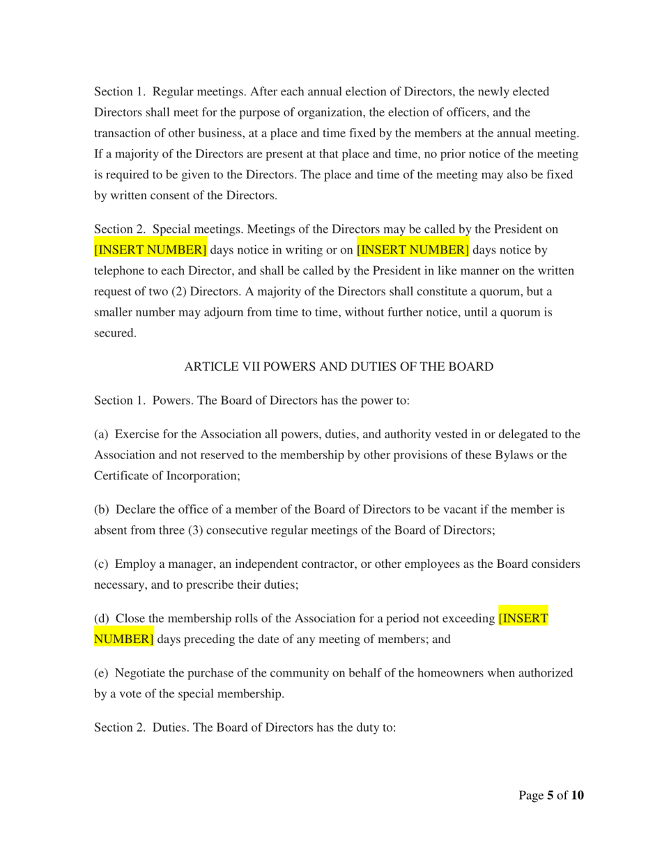 Model Home Owners Association Bylaws - Delaware, Page 6