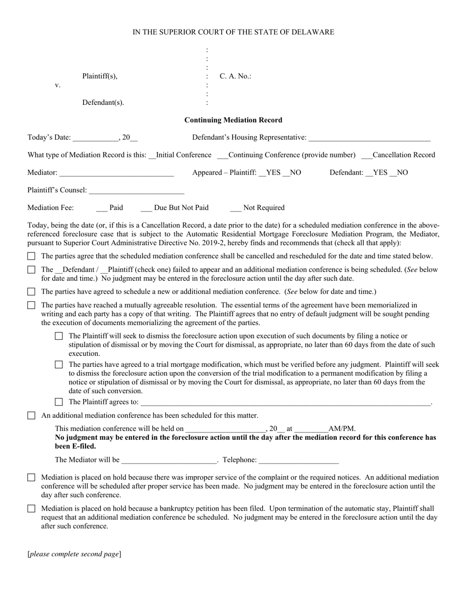 Continuing Mediation Record - Delaware, Page 1