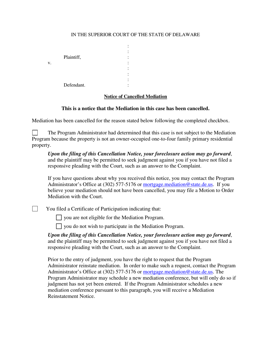 Notice of Cancelled Mediation - Delaware, Page 1