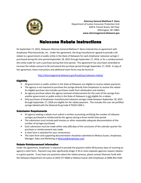 Naloxone Rebate Request Form for Government or Public Entities in the State of Delaware - Delaware
