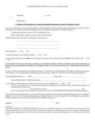 &quot;Certificate of Participation for Automatic Residential Mortgage Foreclosure Mediation Program&quot; - Delaware