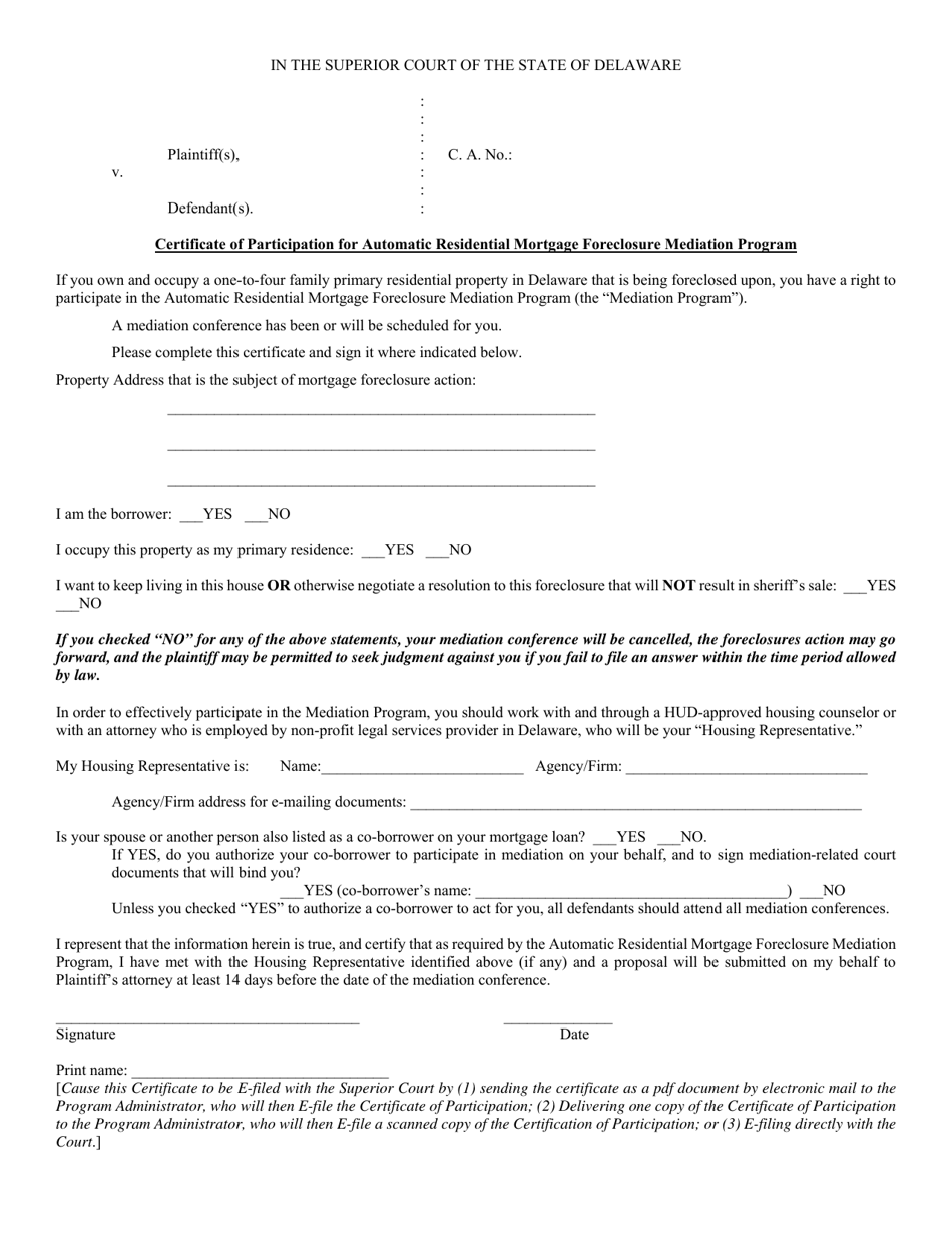 Certificate of Participation for Automatic Residential Mortgage Foreclosure Mediation Program - Delaware, Page 1