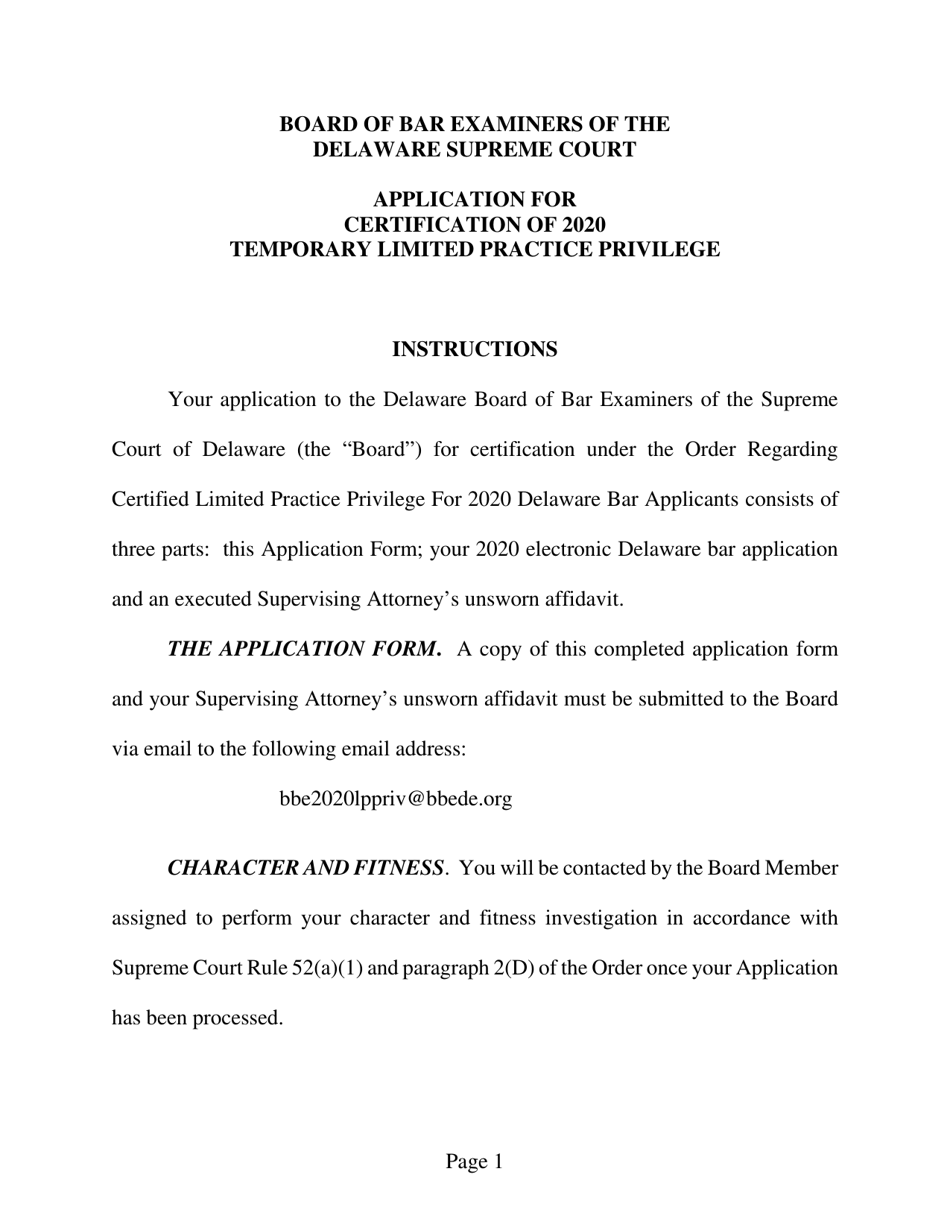 Application for Certification of Temporary Limited Practice Privilege - Delaware, Page 1
